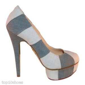 Charlotte Olympia Platform Heels Gray Beige Fabric Block Pumps Size 39